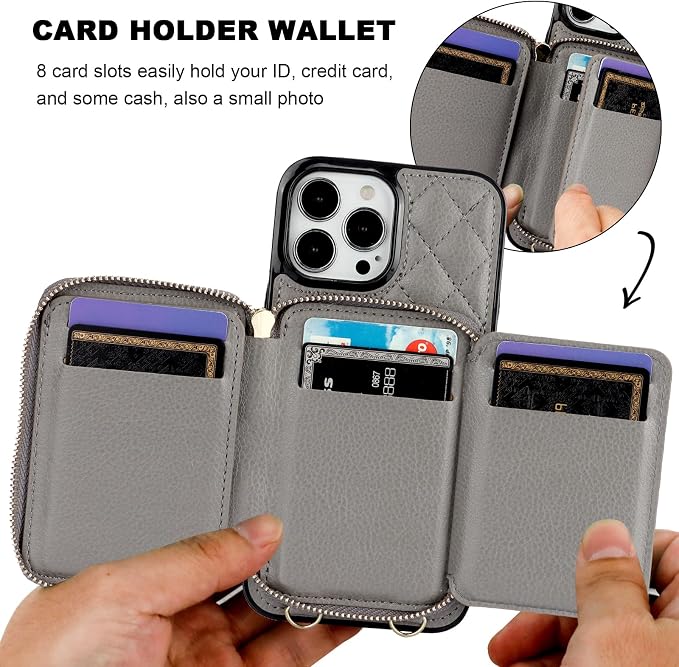 Bocasal Crossbody Wallet Case for iPhone 13 Pro Max, RFID Blocking PU Leather Zipper Handbag Purse Flip Cover, Kickstand Folio Case with Card Slots Holder Wrist Strap Lanyard 5G 6.7 Inch (Grey)