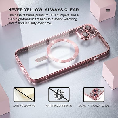 Misea Magnetic for iPhone 14 Case Compatible with MagSafe [Never Yellowing] [Military Grade Drop Protection] Full Camera Lens Protector Plating Soft Clear Phone Case for Women Girls, Pink