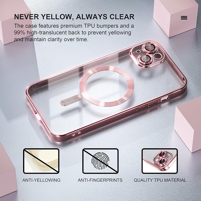 Misea Magnetic for iPhone 14 Plus Case Compatible with MagSafe [Never Yellowing] [Military Grade Drop Protection] Full Camera Lens Protector Plating Soft Clear Phone Case for Women Girls, Pink