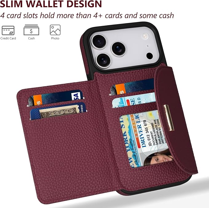 Keallce Wallet Case for iPhone 17 Pro Max 6.9'', Flip Case with RFID Blocking Card Holder Slots Kickstand, PU Leather Protective Folio Cover for Women, Red