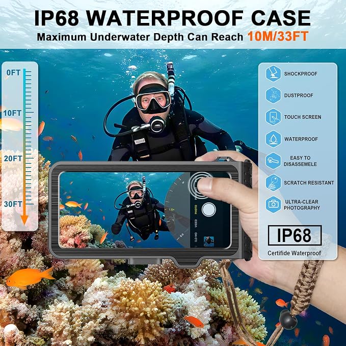 2026 Diving Snorkeling Phone Case for iPhone 17/16/15/14/13/12/11 Pro Max/XS/X Samsung Galaxy S26/S25/S24 Professional Scuba Dive Waterproof Underwater Photo Video Cover (4TH Gen, Gray)