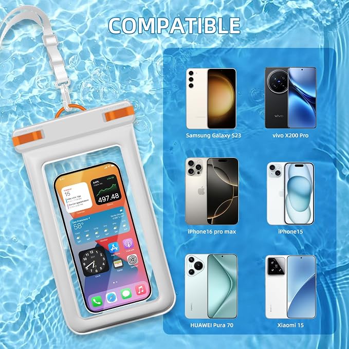 IPX8 Floating Waterproof Dry Bag 2-Pack ,7.2 Inch Waterproof Phone Pouch for iPhone 16/15/14 Pro Max Galaxy S24/S23 Adjustable Lanyard + wrist strap Beach Swimming Travel Essentials