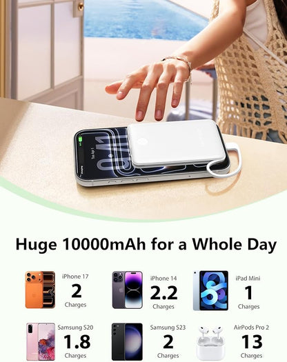 miisso 10000mAh Mini Portable Charger with Built in Cable, Pocket Size Power Bank Travel External Battery Pack for Phone, 3 Output USB Type C Cord Clutch Compatible with iPhone, Samsung, White