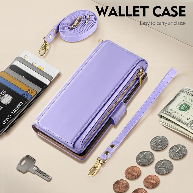 Antsturdy Compatible with iPhone 14 Wallet Case Women Men,RFID Blocking PU Leather Crossbody Phone Case Zipper with Wrist Strap Flip Protective Cover Credit Card Holder for Apple 14 6.1",Light Purple