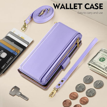Antsturdy Compatible with iPhone 14 Wallet Case Women Men,RFID Blocking PU Leather Crossbody Phone Case Zipper with Wrist Strap Flip Protective Cover Credit Card Holder for Apple 14 6.1",Light Purple