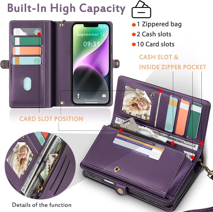 for Wallet Case Compatible with iPhone 14,Multi-Function Detachable 2 in 1 Magnetic iPhone 14 Case Wallet,Flip Strap Zipper Card Holder Phone Case with Shoulder Straps (Pruple)