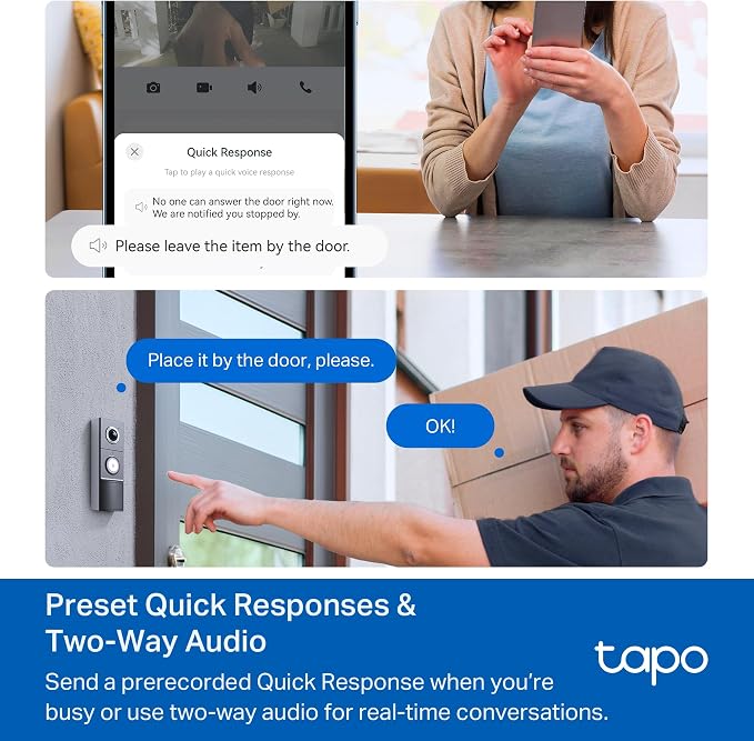 Tapo 2K+ Wired or Battery Powered Smart Video Doorbell with Chime - 180° Field of View, Person/Vehicle/Package Detection, Ring Call, 2-Way Audio, Subscription-Free Local Storage or Optional Cloud,D225