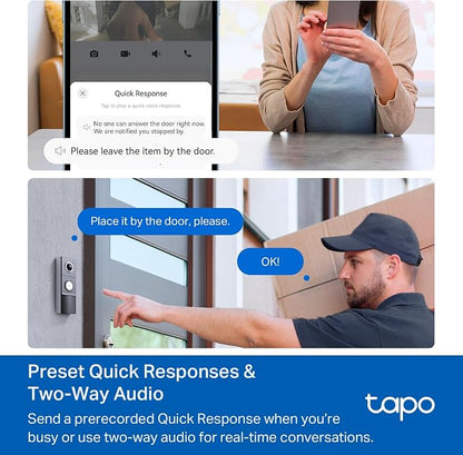 Tapo 2K+ Wired or Battery Powered Smart Video Doorbell with Chime - 180° Field of View, Person/Vehicle/Package Detection, Ring Call, 2-Way Audio, Subscription-Free Local Storage or Optional Cloud,D225