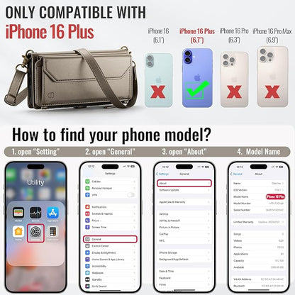 Strapurs Wallet Case Compatible with iPhone 16 Plus 6.7" RFID Blocking 10-Card Holder Soft PU Leather Magnetic Snap Shoulder Strap Zipper Pocket Phone Case Fit for iPhone 16 Plus - Desert Titanium
