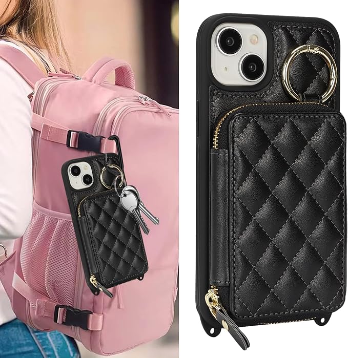 Crossbody Wallet Case for iPhone 14, PU Leather Zipper Handbag Purse Flip Cover, Kickstand Folio Case with Card Slots Holder Wrist Strap Lanyard 5G 6.1 Inch-Black