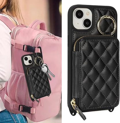 Crossbody Wallet Case for iPhone 14, PU Leather Zipper Handbag Purse Flip Cover, Kickstand Folio Case with Card Slots Holder Wrist Strap Lanyard 5G 6.1 Inch-Black