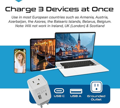 Ceptics European Travel Plug Adapter – Compact Type C & F Adapter with USB-C & A + USA Input – Safe Grounded Schuko Adapter – Travel Charger for France, Germany & More – CTU-9-9C-PK | European Adapters for Travel, Type C & E/F, Grounded Schuko Adapter ...