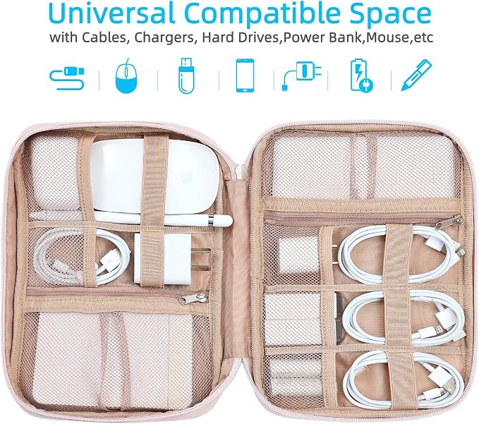 NISHEL Travel Cord Organizer, Electronic Cable Accessories Storage Bag | Bag for chargers, cables, phones, hard drives, USB devices and SD cards, ideal for travel and daily use,Pink