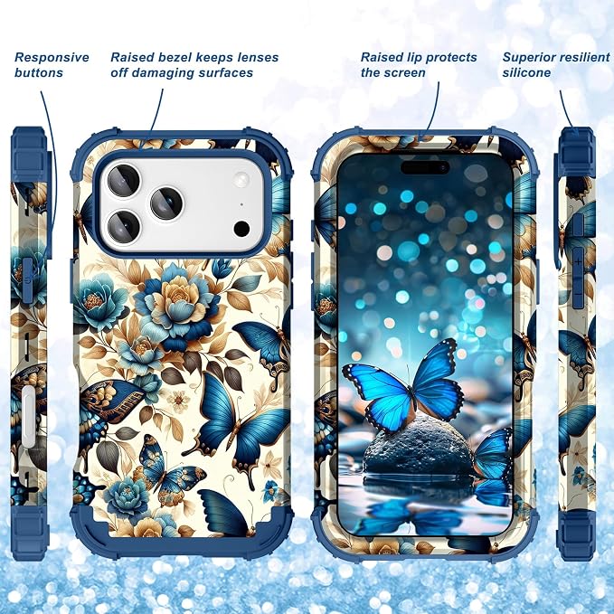 Hocase for iPhone 17 Pro Case 6.3", Heavy Duty Shockproof Protection Soft Silicone Rubber+Hard Plastic Bumpers Hybrid Protective Case for iPhone 17 Pro 2025 - Blue Butterflies