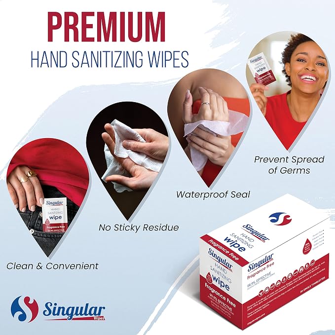 Hand Sanitizing Wipes Travel Size by Singular Wipes –30ct Individually Wrapped | Fragrance-Free, Moisturizing, 70% Isopropyl Alcohol Wipes | Travel, Home, Office, Daily Use