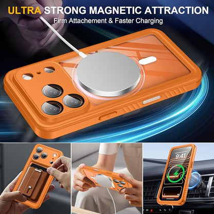 ANTSHARE for iPhone 17 Pro Case, Compatible with Magsafe, IP68 Waterproof Case, [Built-in Screen Protector] - 12 FT Military Dropproof - Full Body Heavy Duty Rugged Phone Cover - Orange/Clear