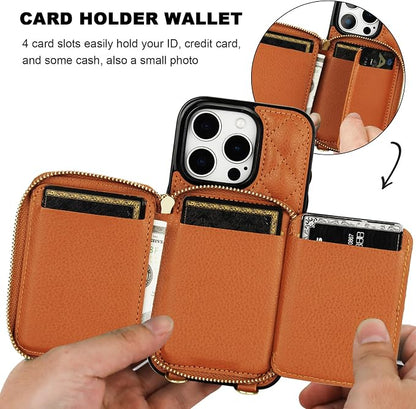 Bocasal Crossbody Wallet Case for iPhone 16 Pro, RFID Blocking PU Leather Zipper Handbag Purse Flip Cover, Kickstand Folio Case with Card Slots Holder Wrist Strap Lanyard 5G 6.3 Inch (Brown)