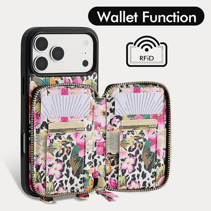 ZVE Wallet Case for iPhone 17 Pro Max with Crossbody Strap, Leather Zipper Handbag Purse Cover for Women 6.9" Leopard