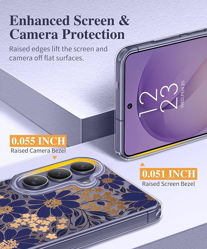 GVIEWIN for Samsung Galaxy S26 Case, Clear Floral Slim Shockproof Protective Women Phone Case, Non-Yellowing, with Screen Protector & Camera Lens Protector for Galaxy S26 6.3", Primula/Deep Purple