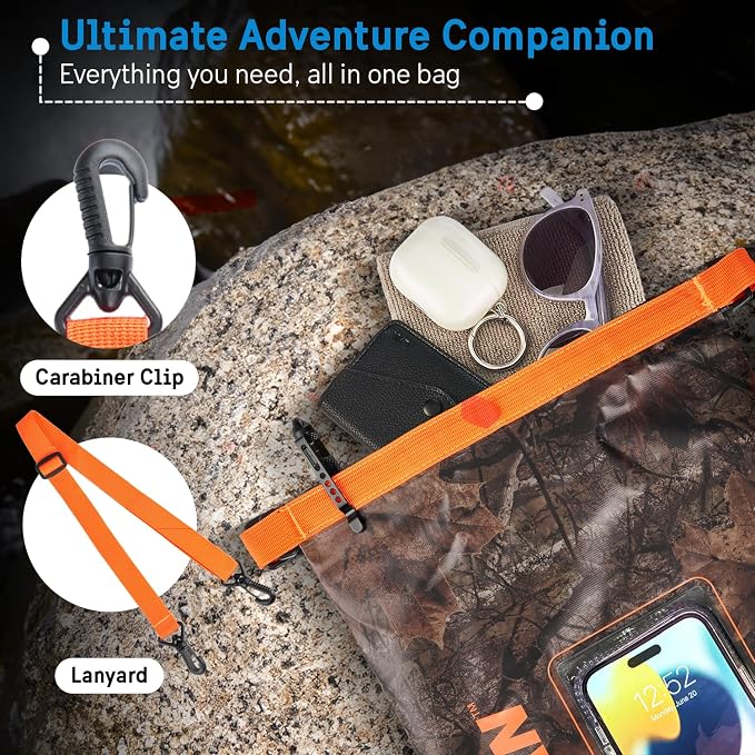 Pelican Marine IP68 Waterproof Dry Bag 5L - Roll Top Waterproof Backpack w/Phone Case/Pouch - Boating & Kayak Accessories - Essentials for Camping Swimming Beach Fishing Rafting Travel - Hunter Camo