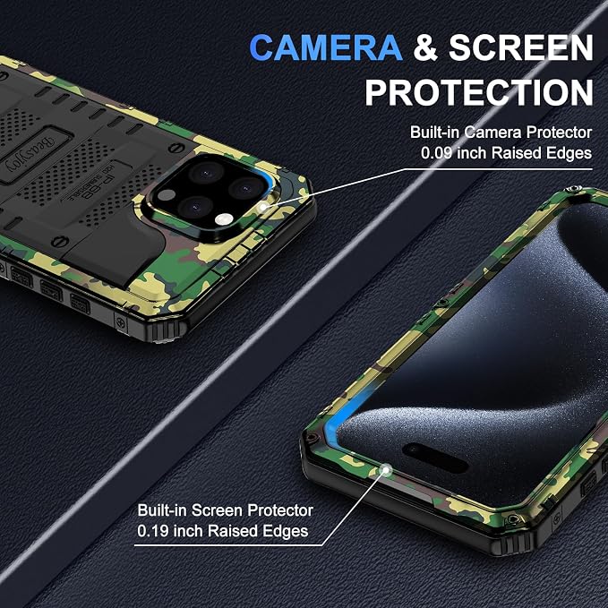 Beasyjoy Compatible with iPhone 15 Pro Max Case Waterproof, Metal Heavy Duty Full Body Protective Case with Built-in Screen Protector, Military Grade Shockproof Defender Rugged Cover 6.7", Camo
