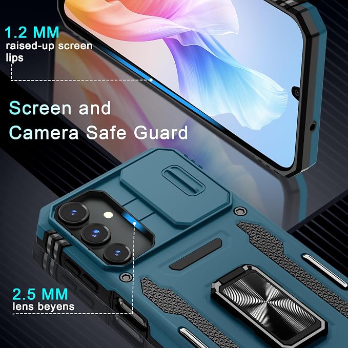 DEERLAMN Case for Samsung Galaxy A15 5G with Slide Camera Cover+Screen Protector (1 Pack), Rotated Ring Kickstand Military Grade Shockproof Protective Cover-Light Blue