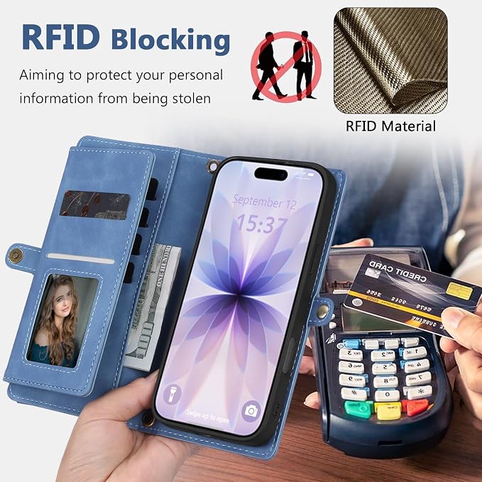 Wallet Case for iPhone 17 with Card Holder/Crossbody Wallet/Strap,[RFID Blocking][Magnetic] PU Leather Phone Case for iPhone 17,6.3 in,Dream Sky Blue