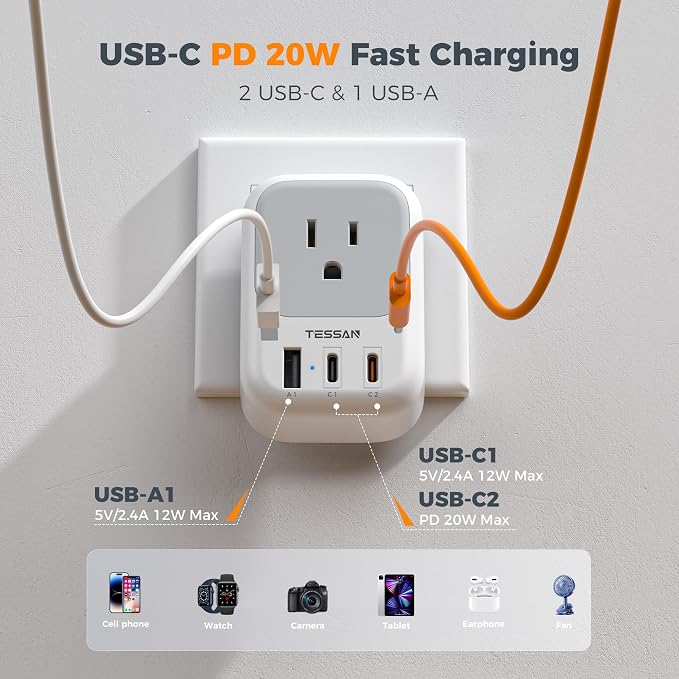 TESSAN US‑Brazil Plug Adapter, Type‑N Adaptor 2‑Pack | 4 Outlets,3 USB Ports (2 USB‑C PD20W), 7‑in‑1 Design