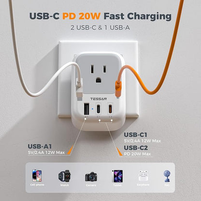 TESSAN US‑Brazil Plug Adapter, Type‑N Adaptor 2‑Pack | 4 Outlets,3 USB Ports (2 USB‑C PD20W), 7‑in‑1 Design