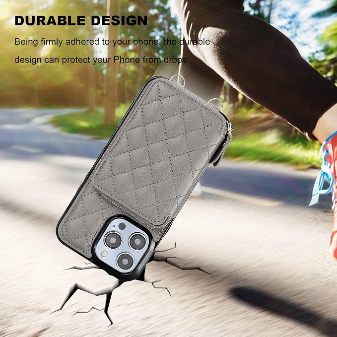 Bocasal Crossbody Wallet Case for iPhone 14 Pro Max, RFID Blocking PU Leather Zipper Handbag Purse Flip Cover, Kickstand Folio Case with Card Slots Holder Wrist Strap Lanyard 5G 6.7 Inch (Grey)