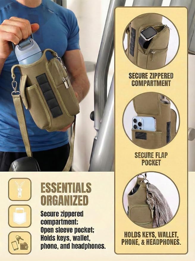 Magnetic Gym Tote Bag Holder for 18-40 oz Water Bottle,Neoprene Pouch with Phone Pocket,Men Women Workout Accessories