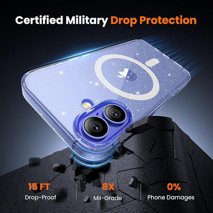 3 in 1 for iPhone 16 Plus Case Clear Glitter | with MagSafe,Screen Protector *1 & Camera Lens Protector*1, Military-Grade Protection