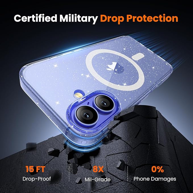3 in 1 for iPhone 16 Case Clear with MagSafe, Not Yellowing, Screen Protector*1 Camera Lens Protector*1, Military-Grade Protection for iPhone 16 Phone Case 6.1 inch Clear Glitter
