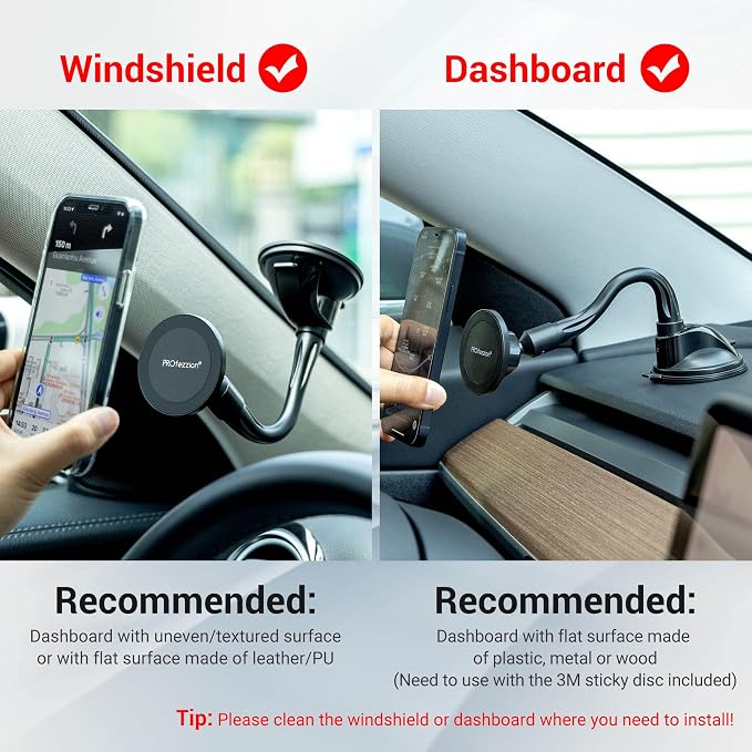 PROfezzion Suction Cup & Vent Clip Combo Magnetic Phone Holder Compatible with MagSafe on Car Windshield, Dash or Vent for iPhone 17 16 15 14 13 12 Pro Max, Mag-Safe Case & All Phones [Aluminum Rod]