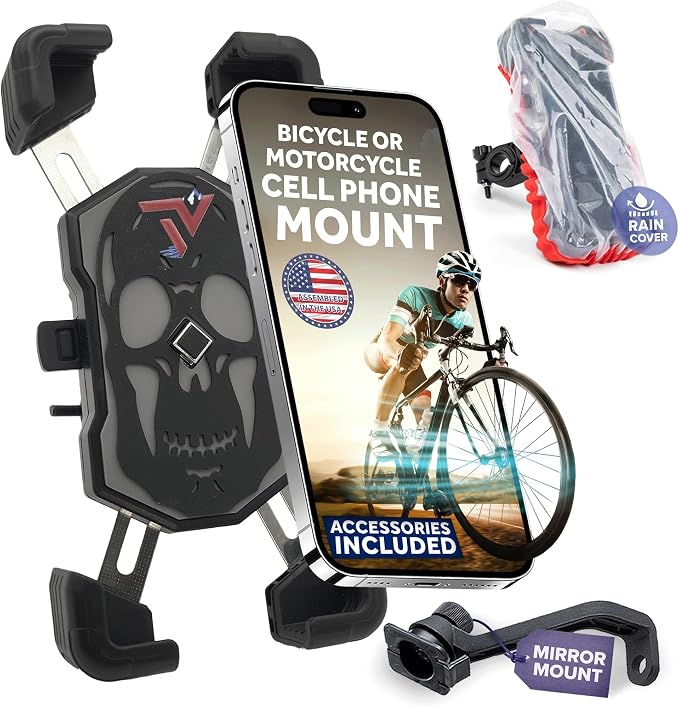 Terminal Velocity Sport - Motorcycle Phone Mount - Bike Cell Phone Holder - Bike Phone Mount, for iPhone & Android - Fits Harley Davidson, eBike, ATV, Bicycle - Incl. Mirror & Rain-Cover