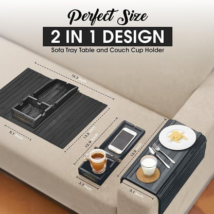 Couch Cup Holder Tray with 2 Cork Coasters, Couch Caddy, Anti-Slip Foldable Armrest Sofa Tray, Couch Armrest Table, Anti-Spill Holder for Remote, Snacks, Cellphone - Ideal Gift (Black)