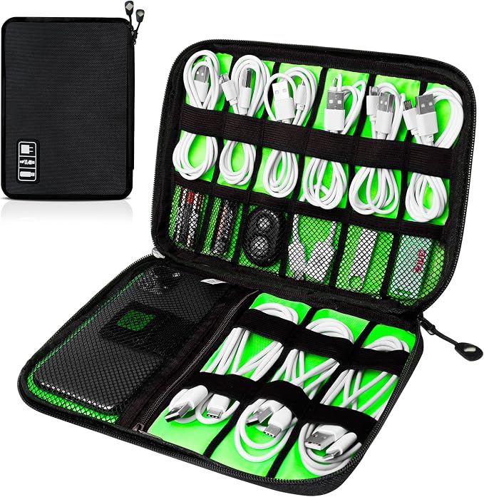 Cord Organizer Travel, Electronics Organizer Tech Pouch - Portable Cable Organizer Bag for Cords, Charger, Phone, SD Card, Power Bank for Travel & Daily Use -Black Green
