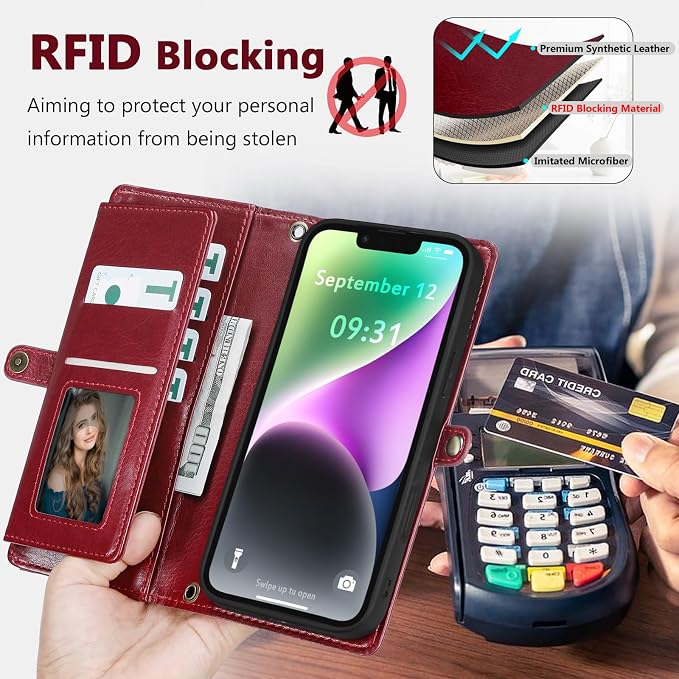 Wallet Case for iPhone 14 with Card Holder/Crossbody Wallet/Strap| RFID Blocking | Magnetic | Kickstand | Detachable | PU Leather Phone Case for iPhone 14,6.1 in,Wine Red