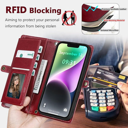 Wallet Case for iPhone 14 with Card Holder/Crossbody Wallet/Strap| RFID Blocking | Magnetic | Kickstand | Detachable | PU Leather Phone Case for iPhone 14,6.1 in,Wine Red