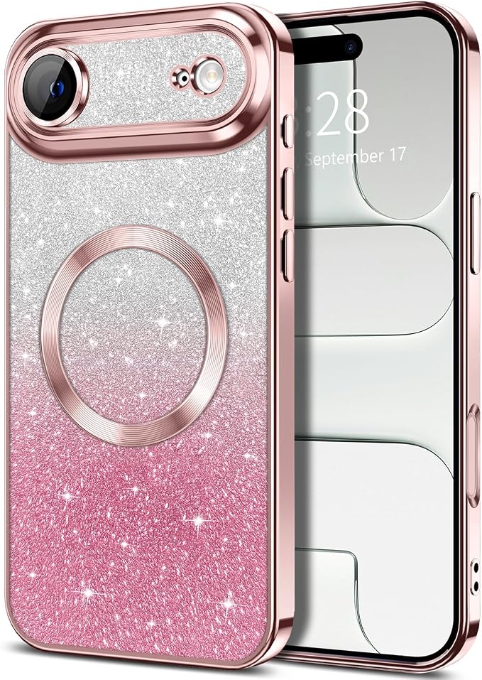 Hython for iPhone Air Case Glitter Clear Magnetic Phone Cases [Compatible with MagSafe] Full Camera Lens Protector Sparkle Luxury Plating Slim Shockproof Protective Cover Women, Gradient Pink