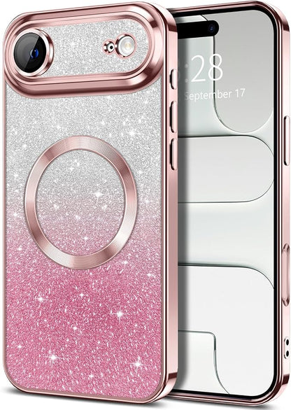 Hython for iPhone Air Case Glitter Clear Magnetic Phone Cases [Compatible with MagSafe] Full Camera Lens Protector Sparkle Luxury Plating Slim Shockproof Protective Cover Women, Gradient Pink