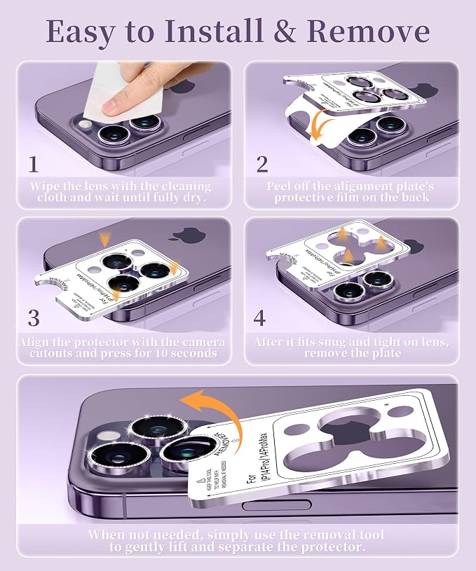 GolbinBox Camera Lens Protector for iPhone 14 Pro/14 Pro Max, 1:1 Invisible Fit, 9H Tempered Glass Ultra HD Metal Individual Camera Cover for Women, Case Friendly, Bling/Deep Purple