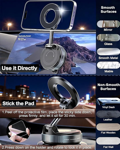 Vacuum Magnetic Phone Holder for Car,2800gf Strong Magnetic Phone Mount,360° Adjustable & Reinforced Suction Cup for Dashboard/Mirror,Car Phone Holder Compatible with iPhone Androi（Deep Black）