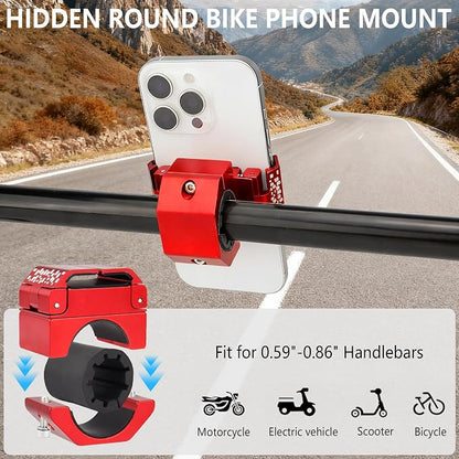 Bike Phone Holder, Motorcycle Phone Mount, Aluminum Alloy Bicycle Handlebar Cell Phone Stand, 360°Rotate Ebike Scooter Phone Clamp Clip, Suitable for 4.5-7.0" Smartphones (Red)