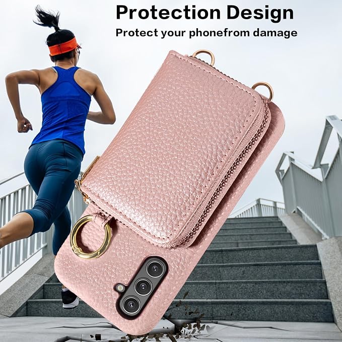 Wallet Case for Samsung Galaxy A54 5G & Shoulder Strap Ring Buckle, Luxury PU Leather Zipper Flip Organ Purse Card Holder Stand Full Body Phone Cover for A545G A 54 54A 4G G5 SM A546U Rose Gold