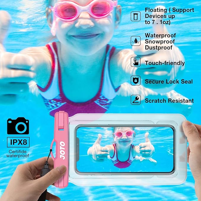 2 Pack JOTO Floating Waterproof Phone Pouch Up to 7", IPX8 Floatable Underwater Phone Case Cellphone Dry Bag for iPhone 17/Air 16 15 14 13 12 11 Pro Max Xs Max XR X 8 7 Plus SE/Galaxy S24 S23 -Pink