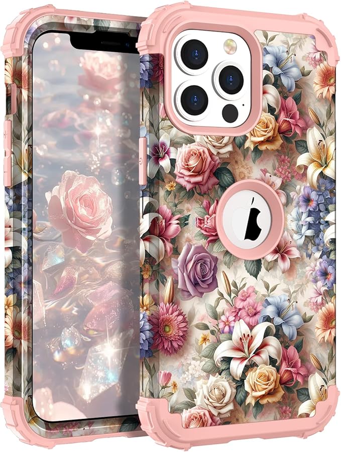 Hocase for iPhone 13 Pro Max Case, Heavy Duty Shockproof Protection Soft Silicone Rubber Bumper+Hard Plastic Hybrid Protective Case for iPhone 13 Pro Max (6.7") 2021 - Joyful Flowers