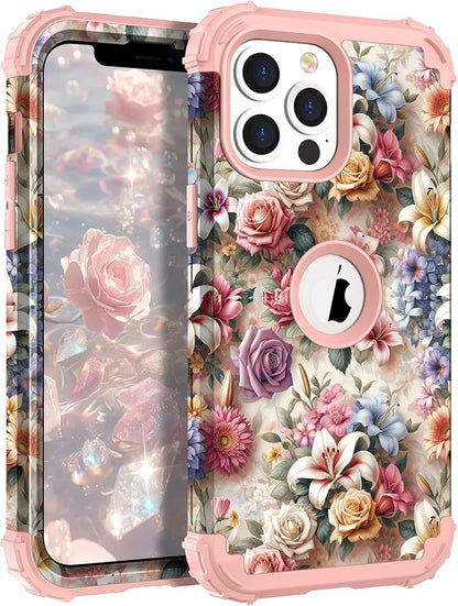 Hocase for iPhone 13 Pro Max Case, Heavy Duty Shockproof Protection Soft Silicone Rubber Bumper+Hard Plastic Hybrid Protective Case for iPhone 13 Pro Max (6.7") 2021 - Joyful Flowers