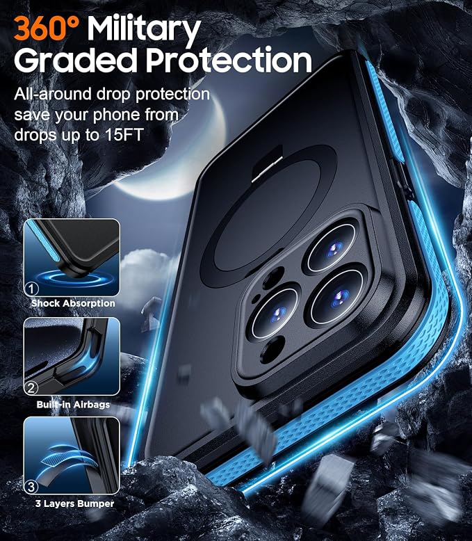 Temdan Magnetic for iPhone 15 Pro Max Case Waterproof, [Built-in Ring Invisible Stand & Screen Protector][IP68 Underwater][Dropproof][Dustproof][Real 360] Shockproof Protective Phone Case 6.7'' -Blue