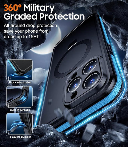 Temdan Magnetic for iPhone 15 Pro Max Case Waterproof, [Built-in Ring Invisible Stand & Screen Protector][IP68 Underwater][Dropproof][Dustproof][Real 360] Shockproof Protective Phone Case 6.7'' -Blue